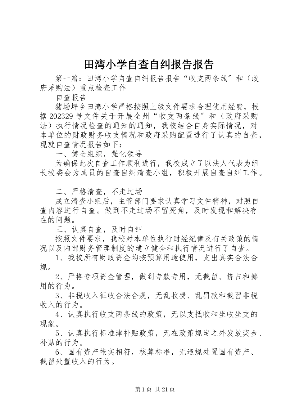 2023年田湾小学自查自纠报告报告.docx_第1页