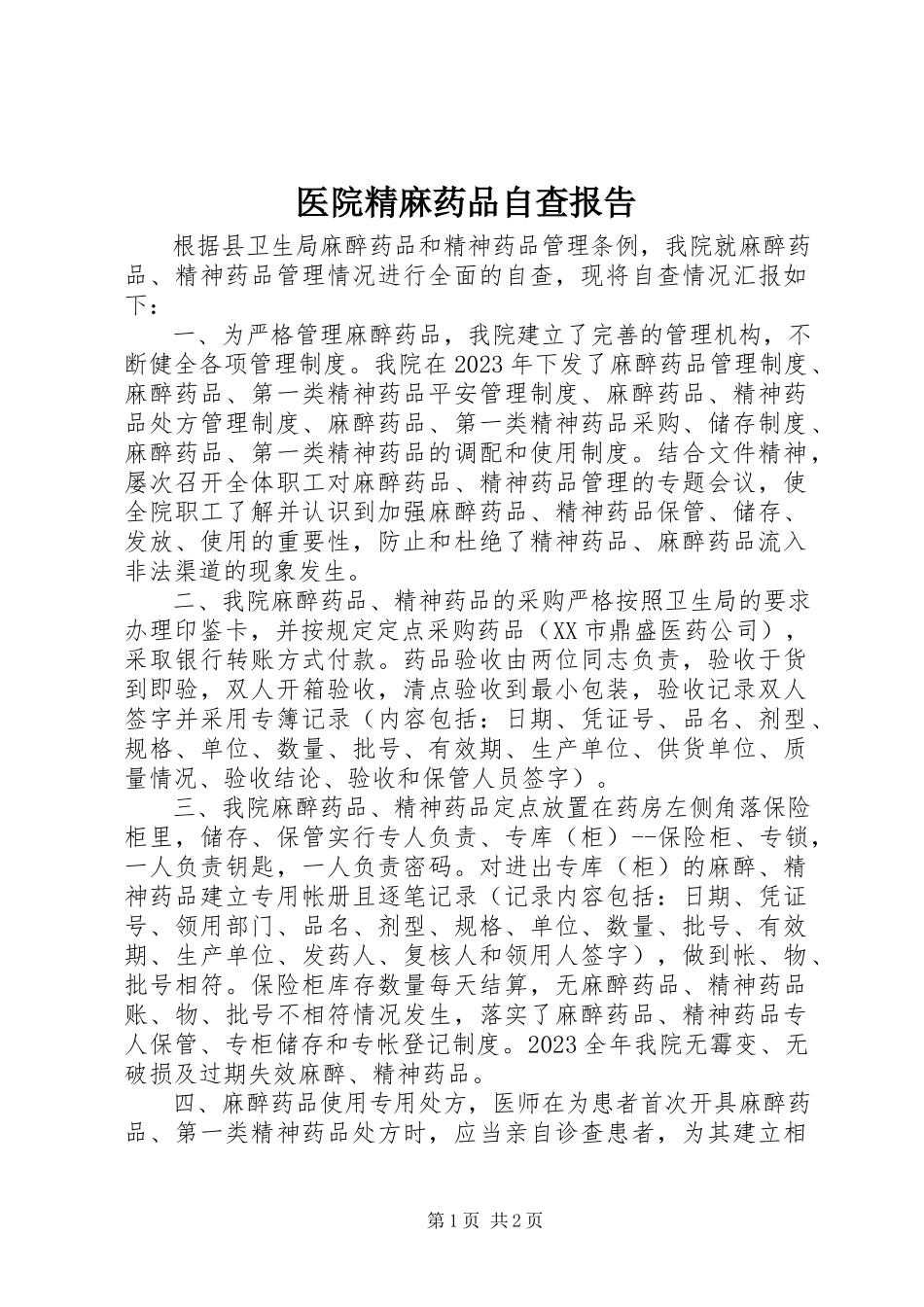 2023年医院精麻药品自查报告.docx_第1页