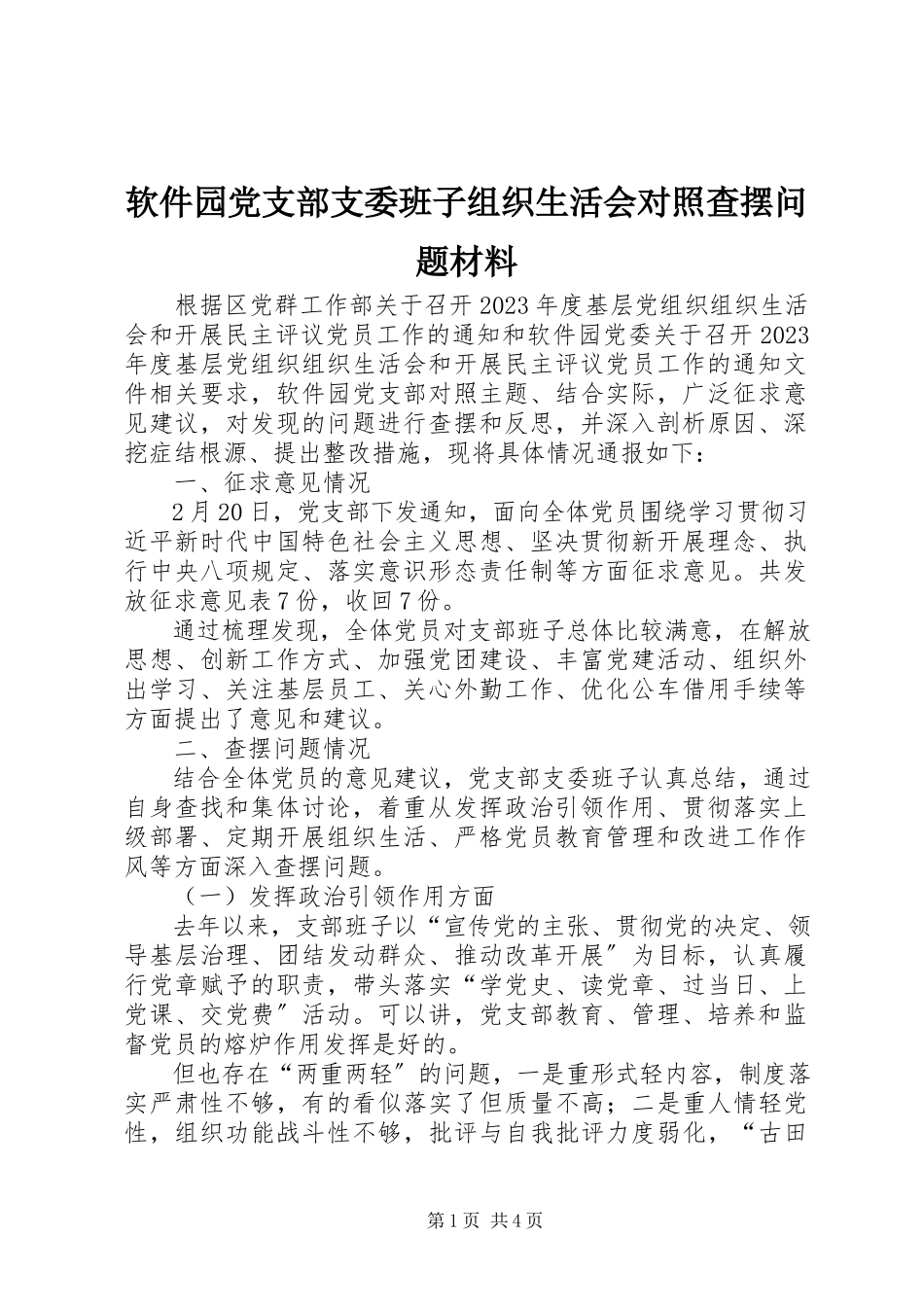 2023年软件园党支部支委班子组织生活会对照查摆问题材料.docx_第1页