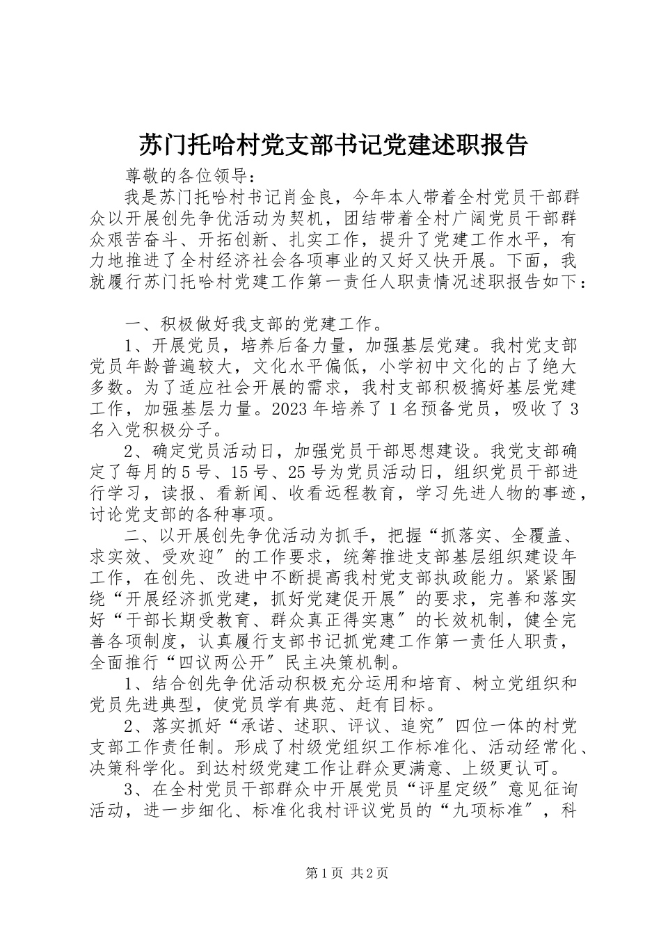 2023年苏门托哈村党支部书记党建述职报告.docx_第1页