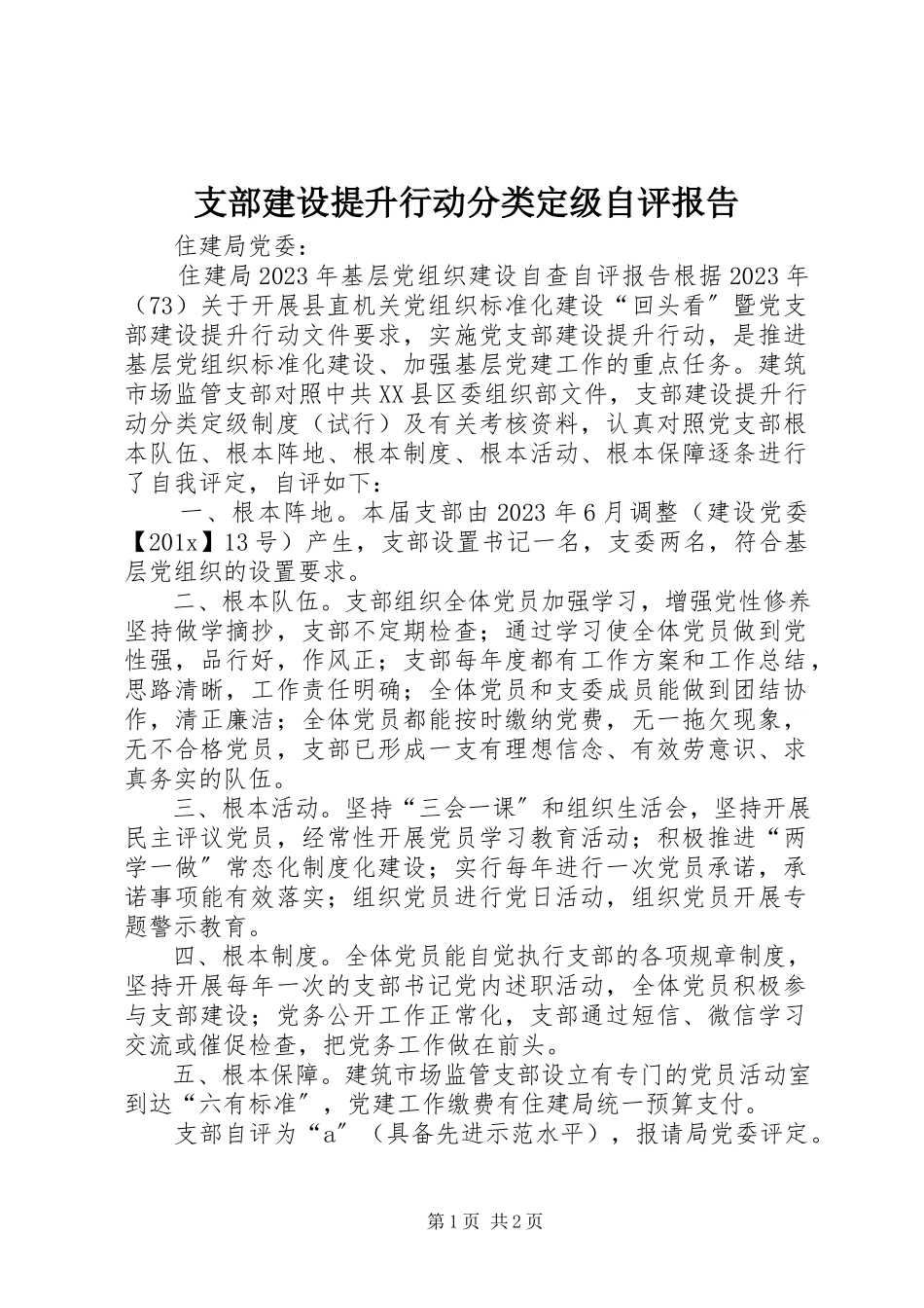 2023年支部建设提升行动分类定级自评报告.docx_第1页
