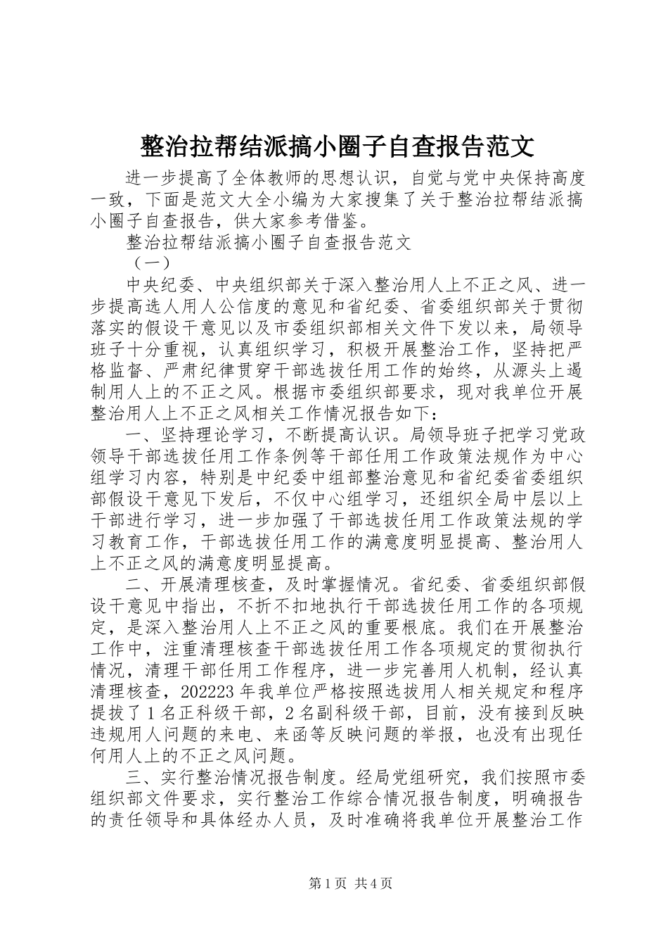 2023年整治拉帮结派搞小圈子自查报告.docx_第1页