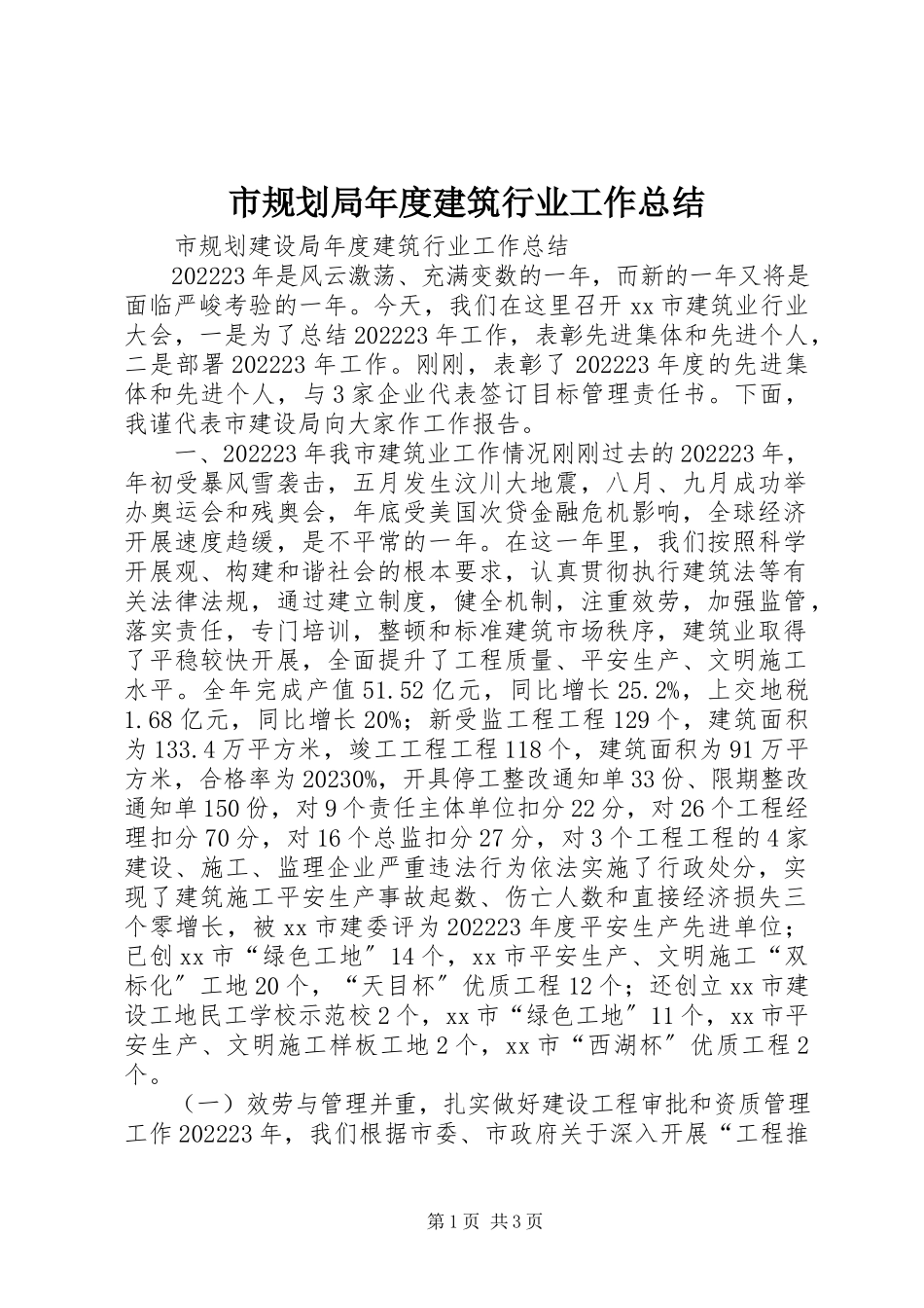 2023年市规划局年度建筑行业工作总结.docx_第1页