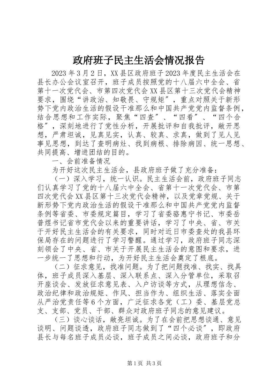 2023年政府班子民主生活会情况报告.docx_第1页