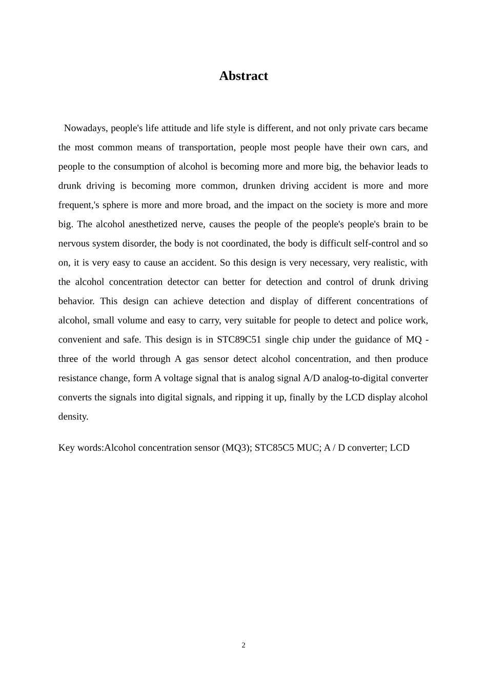 基于单片机的酒精浓度测试仪设计和实现 电气自动化专业.doc_第2页