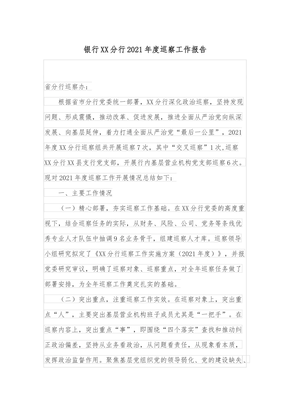 银行XX分行2021年度巡察工作报告.docx_第1页