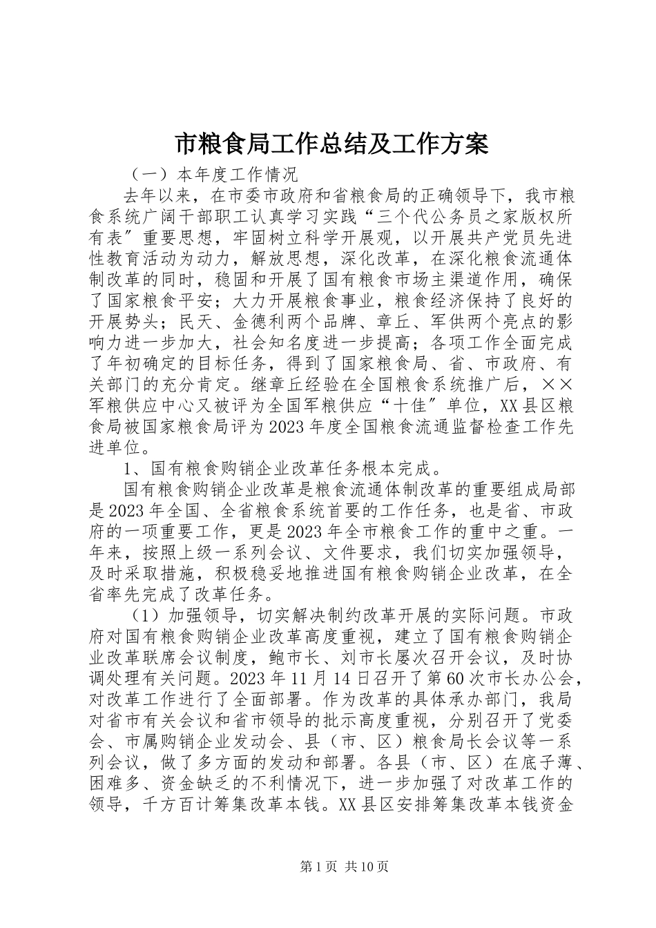2023年市粮食局工作总结及工作计划.docx_第1页