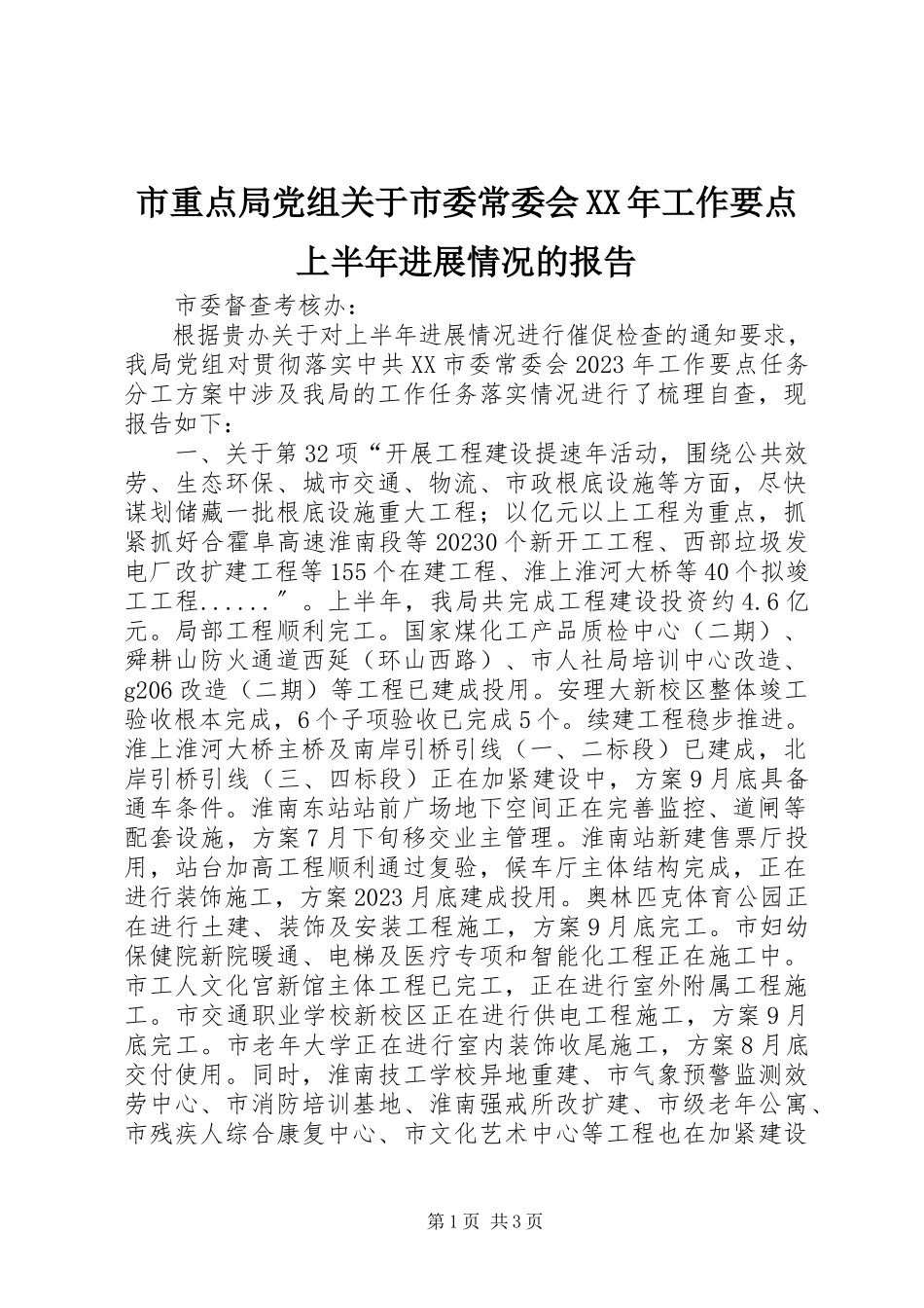 2023年市重点局党组关于《市委常委会工作要点》上半年进展情况的报告.docx_第1页