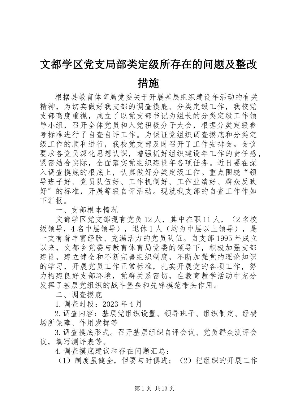 2023年文都学区党支部分类定级所存在的问题及整改措施.docx_第1页