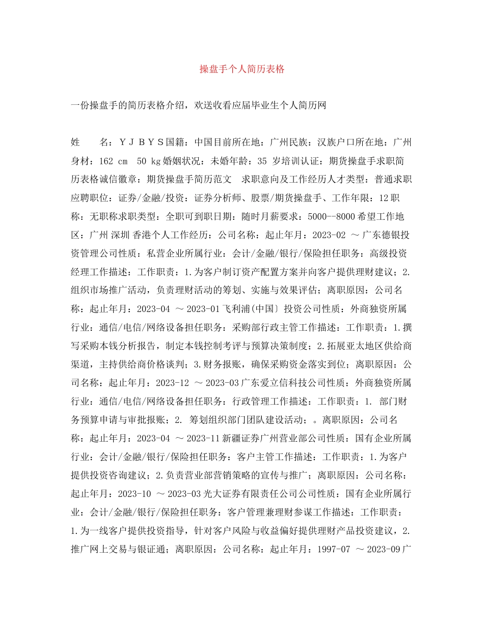 2023年操盘手个人简历表格.docx_第1页