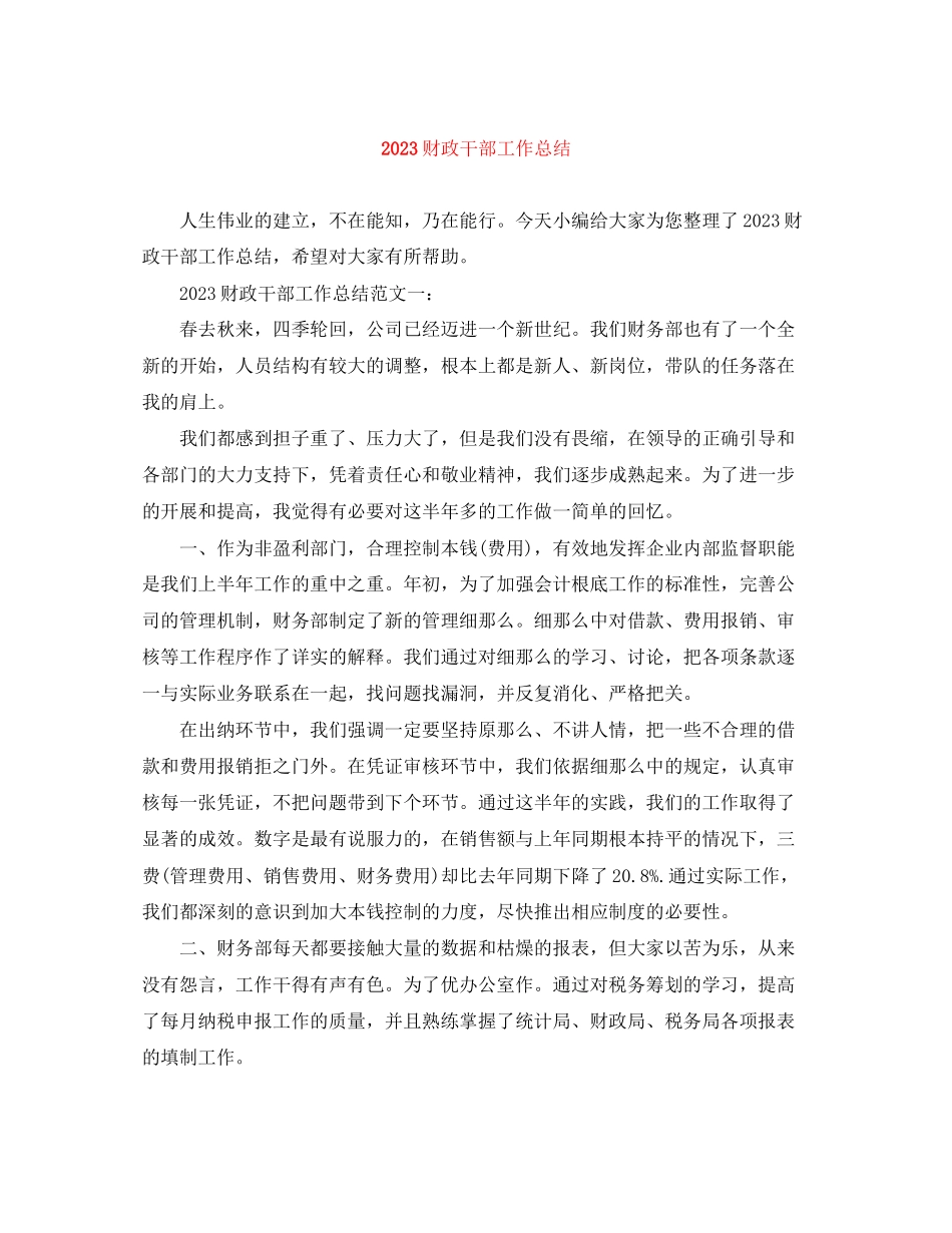 2023年财政干部工作总结范文.docx_第1页