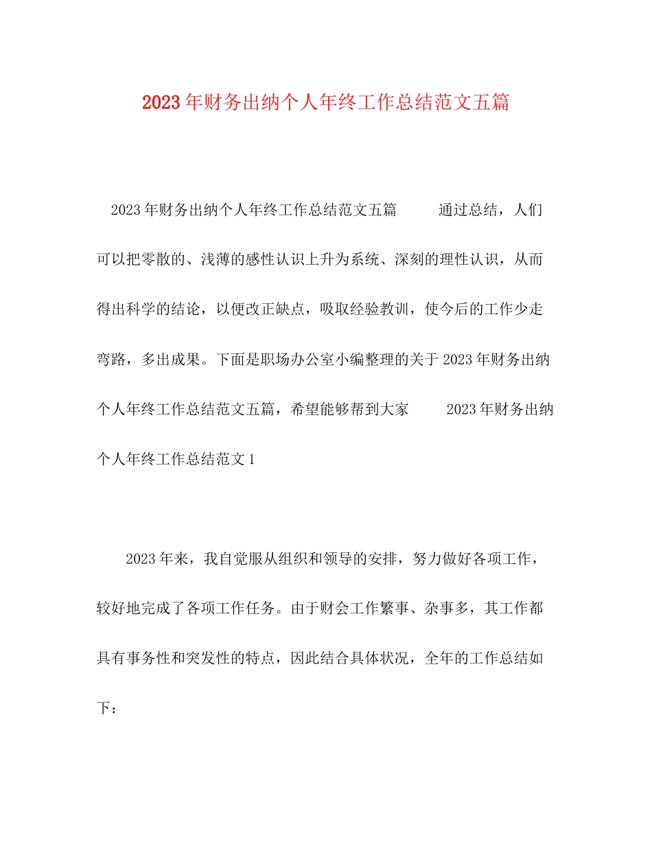 2023年财务出纳个人终工作总结精选五篇范文.docx_第1页
