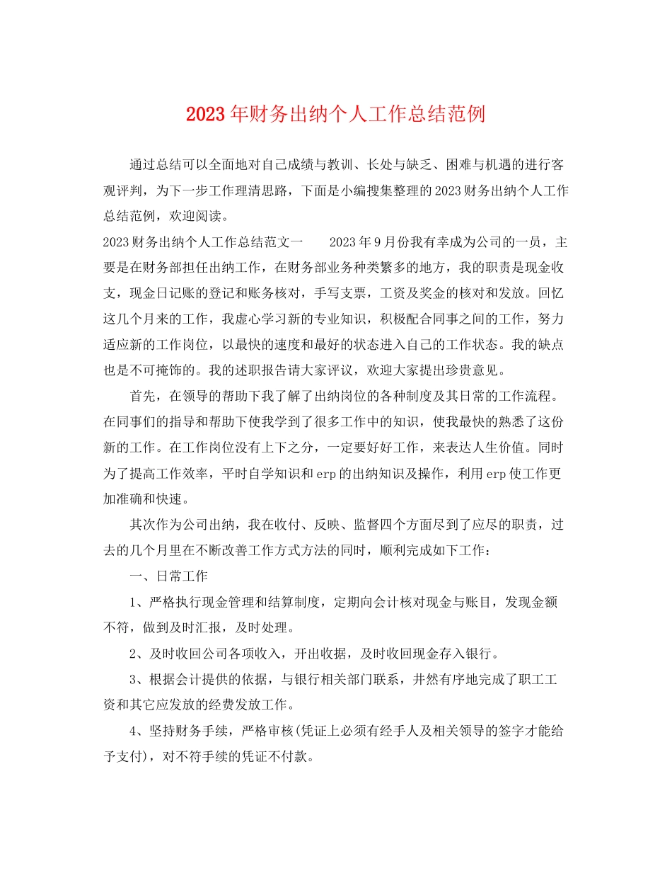 2023年财务出纳个人工作总结范例2范文.docx_第1页
