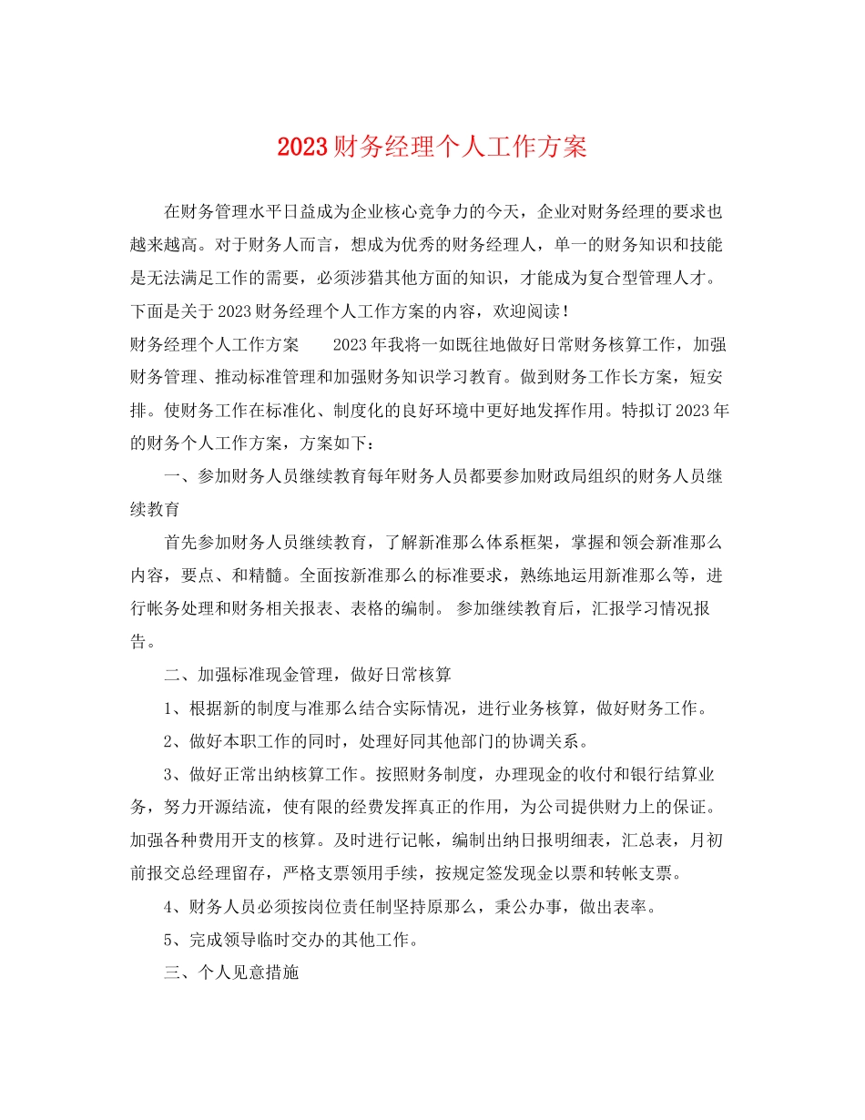 2023年财务经理个人工作计划2范文.docx_第1页