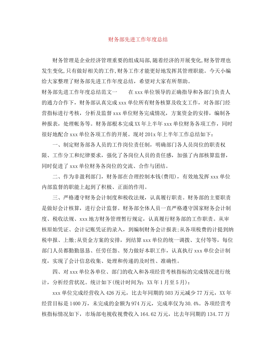 2023年财务部先进工作度总结范文.docx_第1页