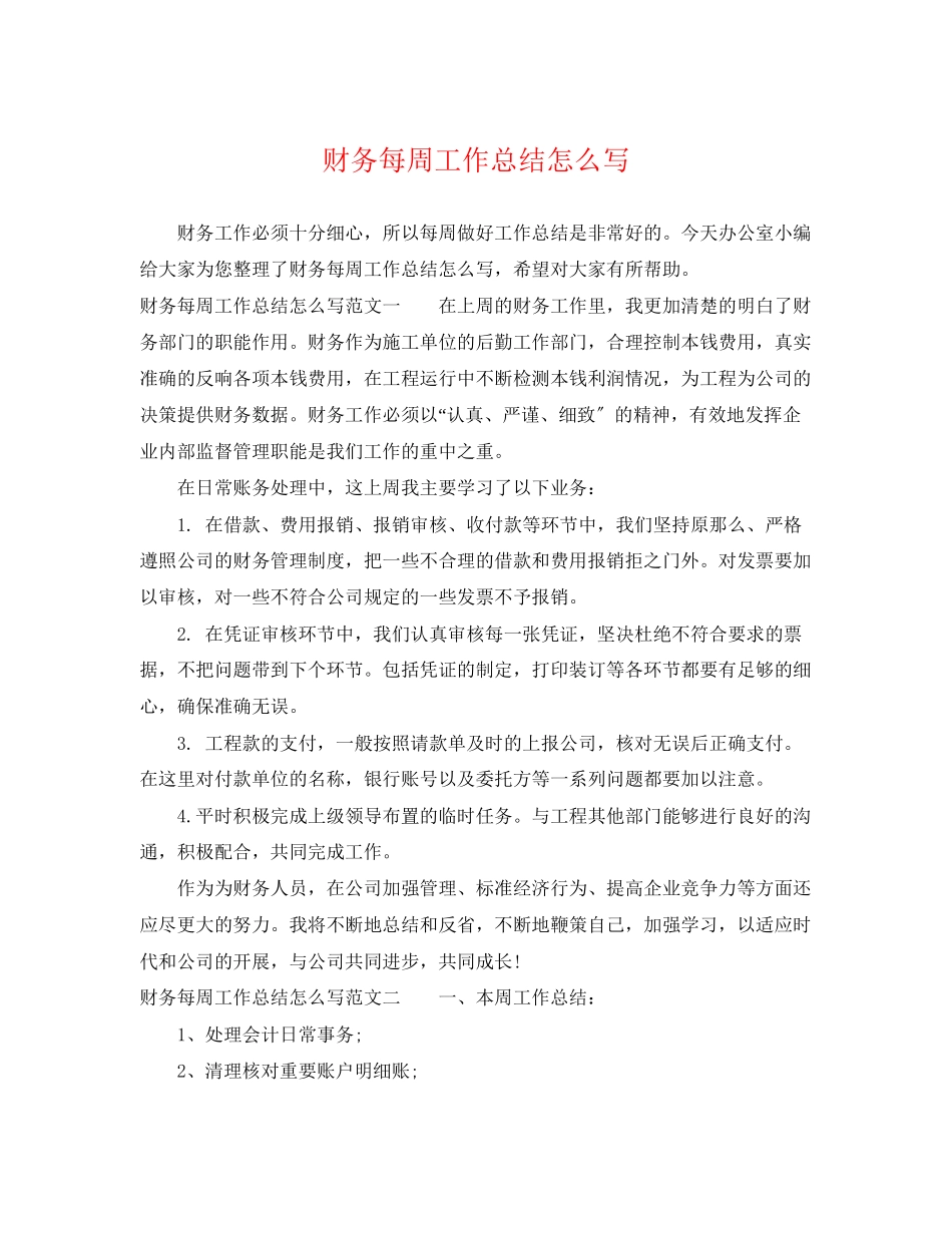 2023年财务每周工作总结怎么写范文.docx_第1页