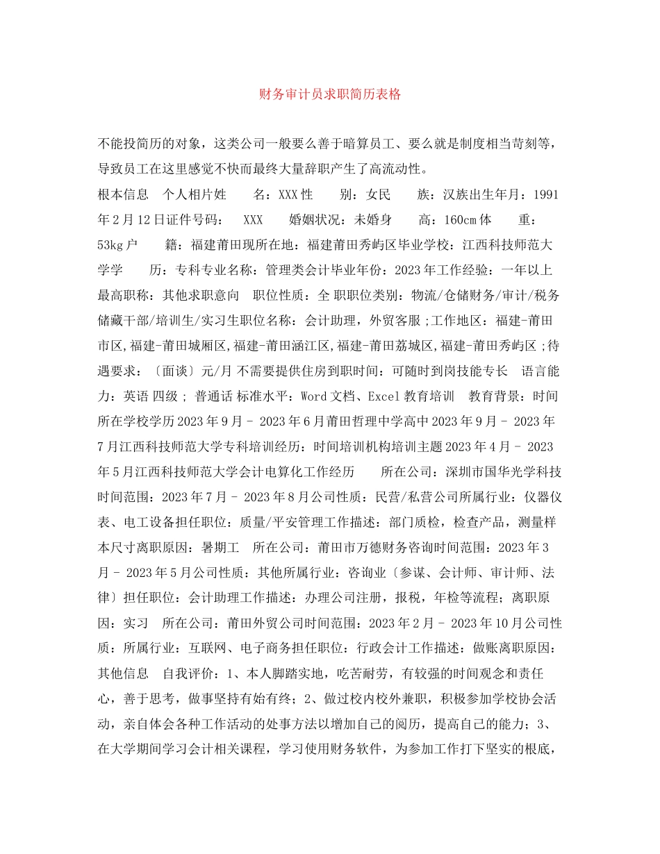 2023年财务审计员求职简历表格.docx_第1页