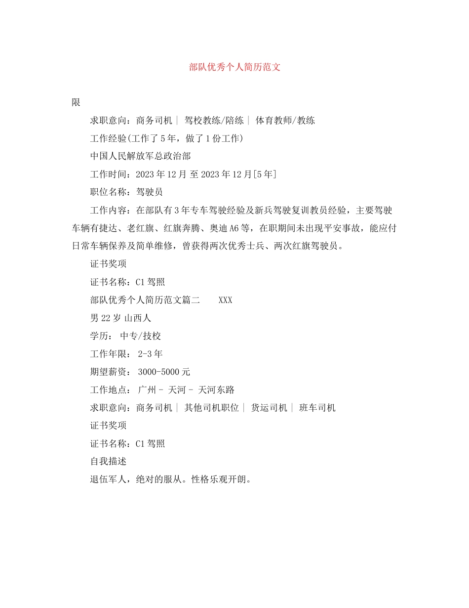 2023年部队优秀个人简历范文2.docx_第1页