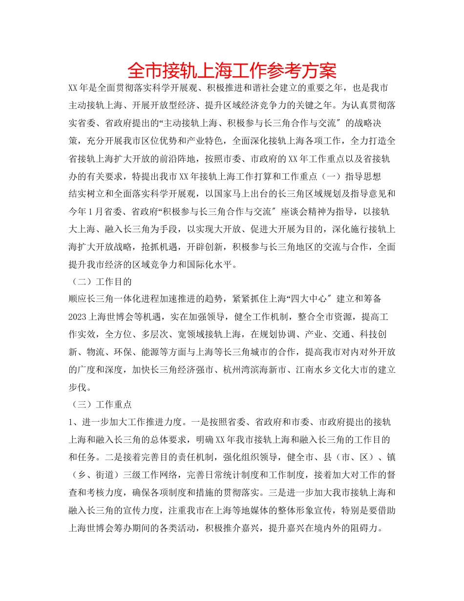 2023年全市接轨上海工作计划范文.docx_第1页
