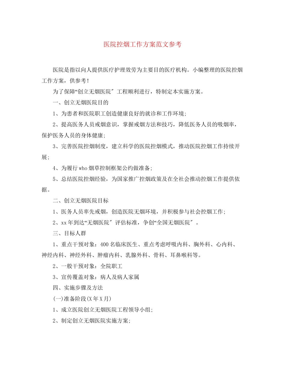 2023年医院控烟工作计划参考范文.docx_第1页