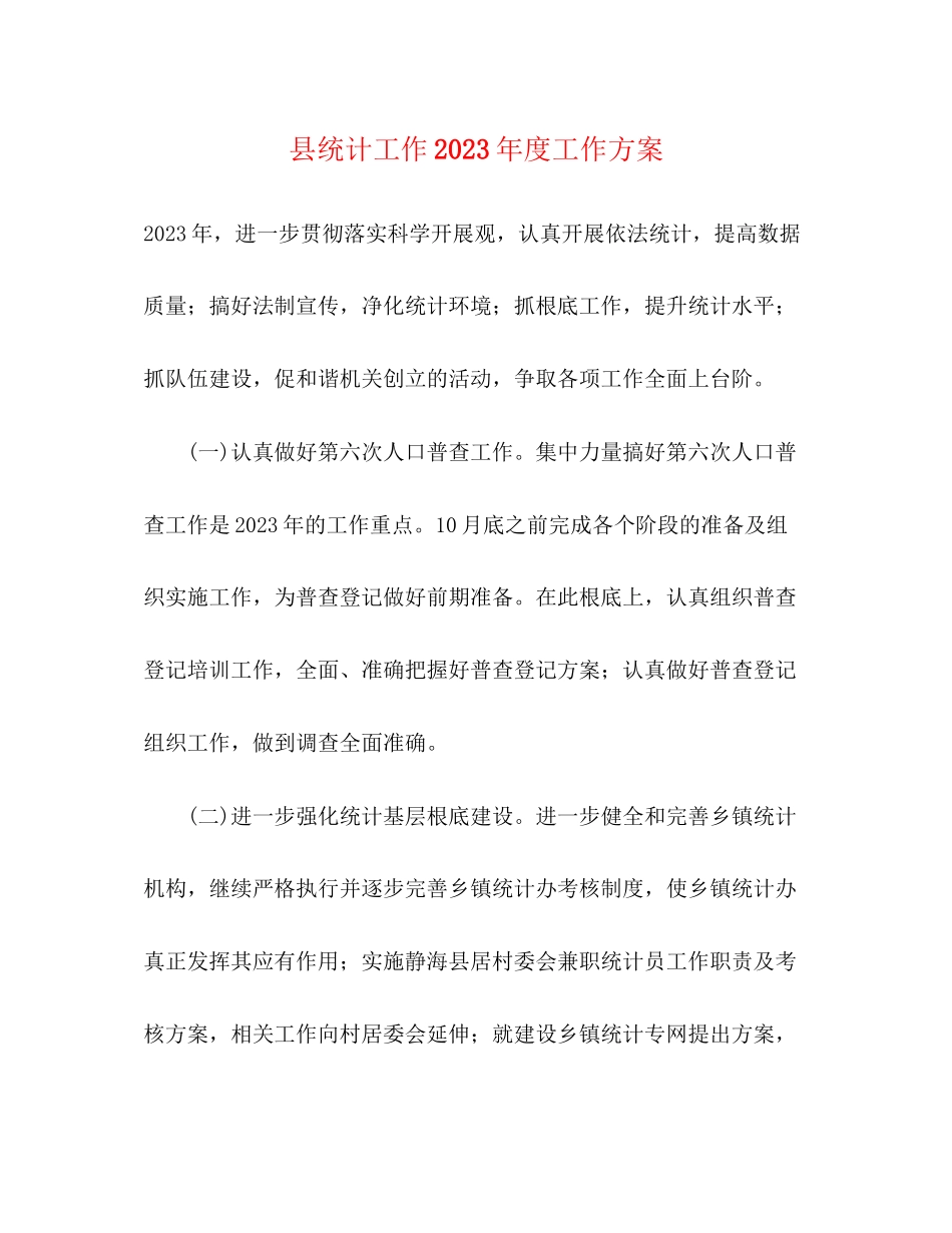 2023年县统计工作度工作计划范文.docx_第1页