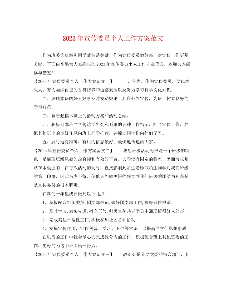 2023年宣传委员个人工作计划2范文.docx_第1页