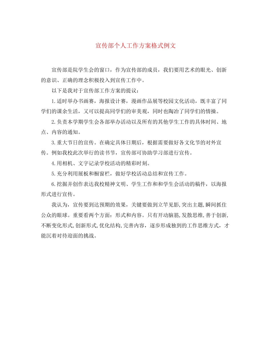2023年宣传部个人工作计划格式例文范文.docx_第1页