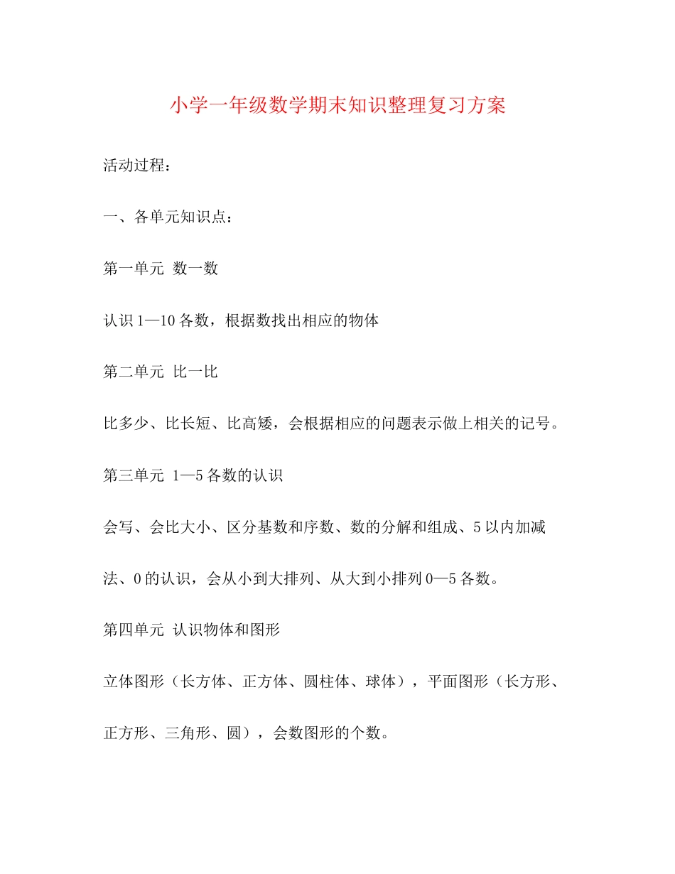 2023年小学一年级数学期末知识整理复习计划范文.docx_第1页