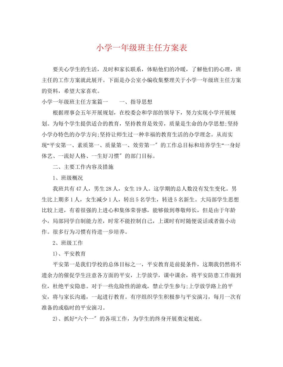 2023年小学一级班主任计划表范文.docx_第1页