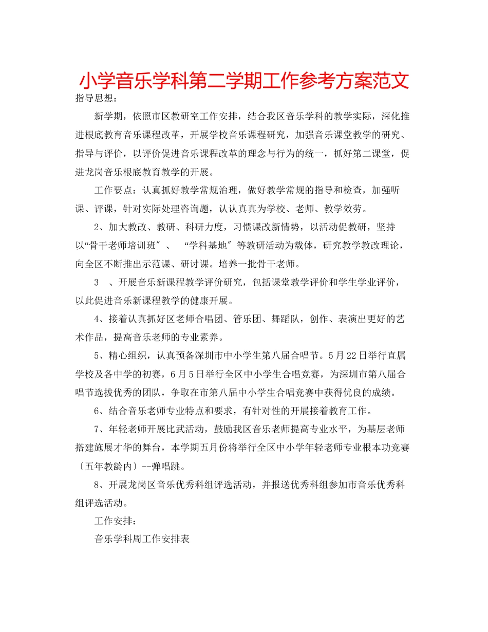 2023年小学音乐学科第二学期工作计划范文.docx_第1页