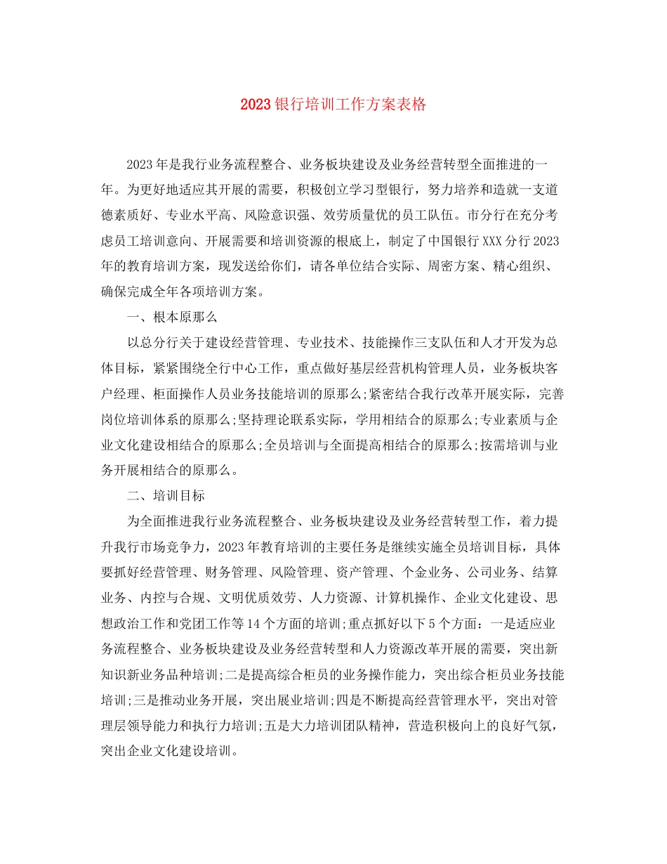 2023年银行培训工作计划表格范文.docx_第1页