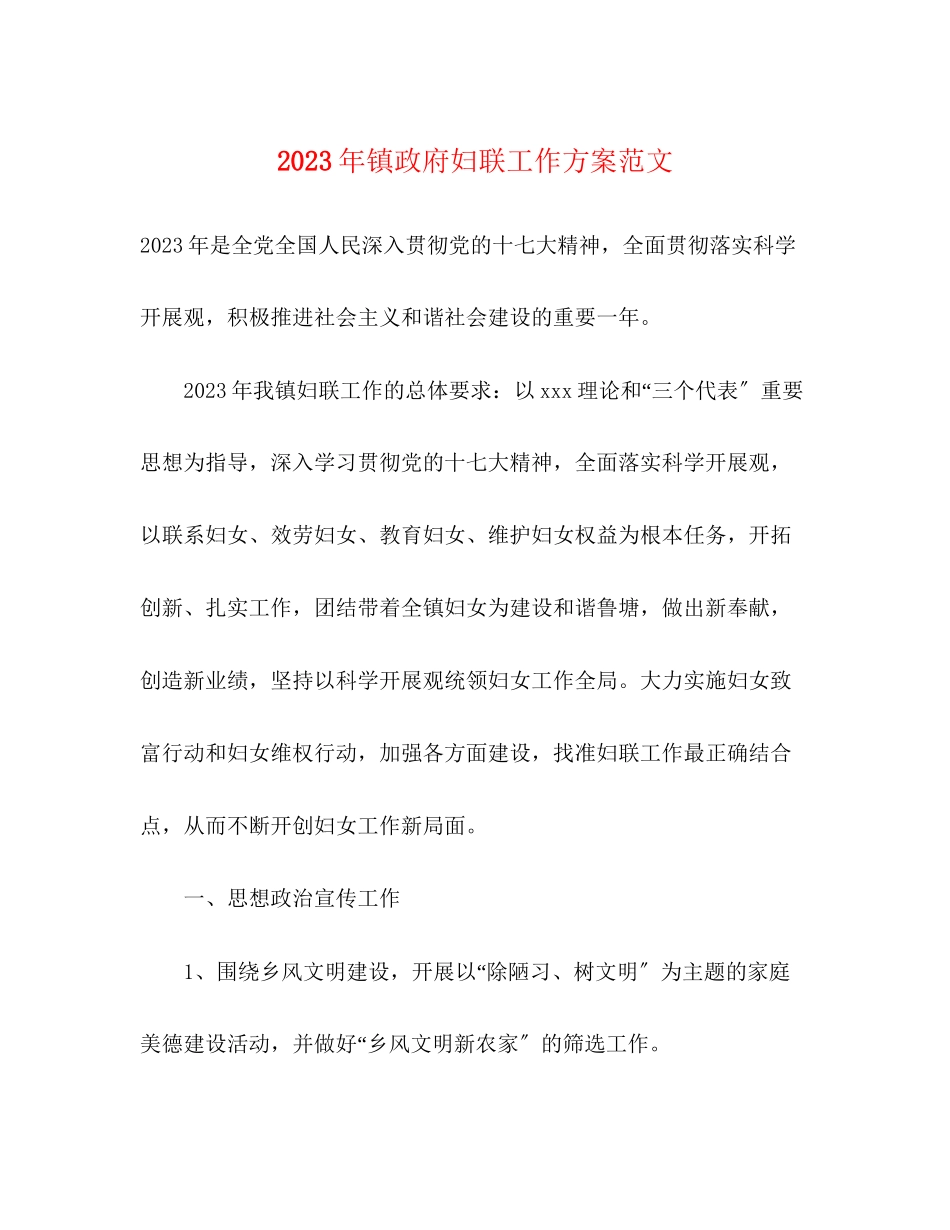 2023年镇政府妇联工作计划范文.docx_第1页