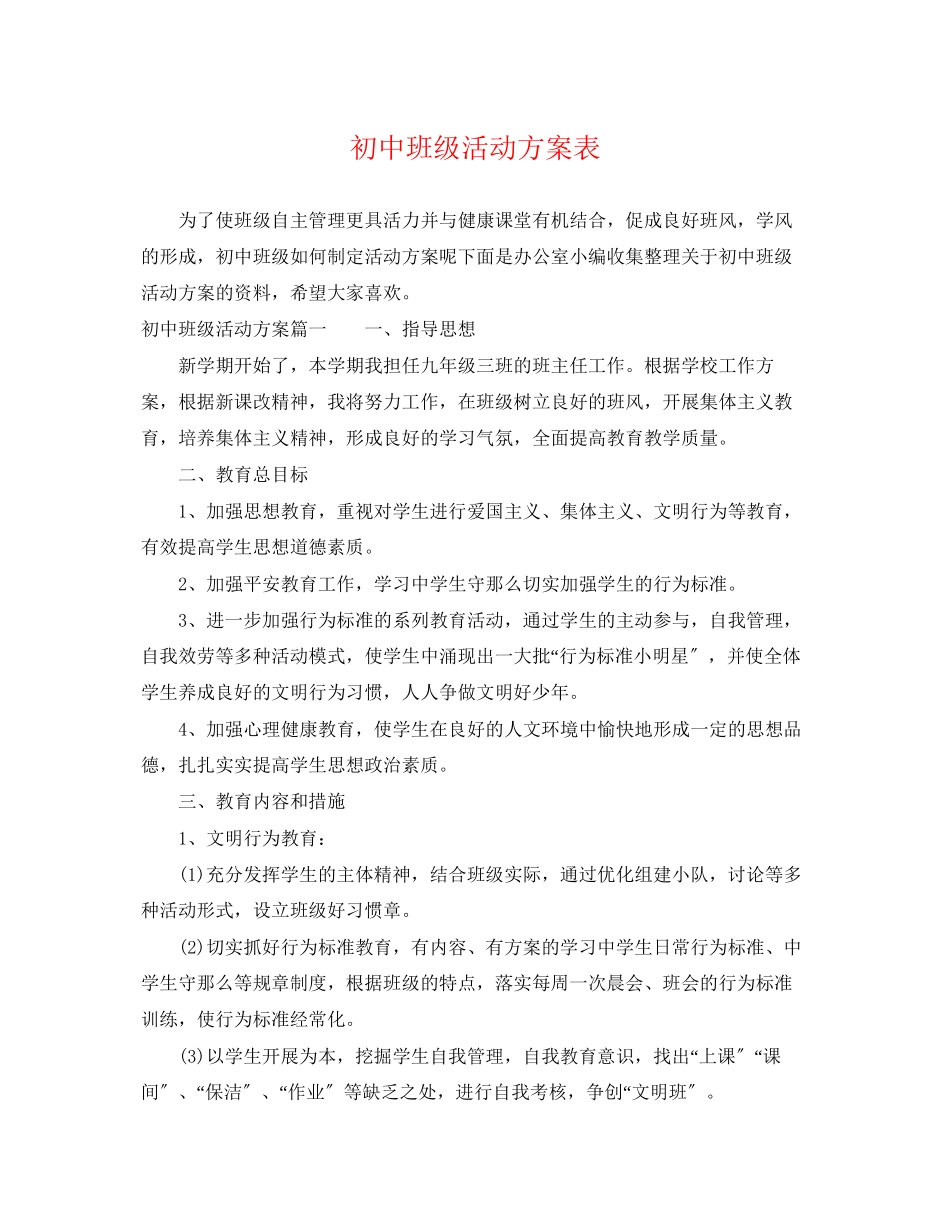 2023年初中班级活动计划表范文.docx_第1页