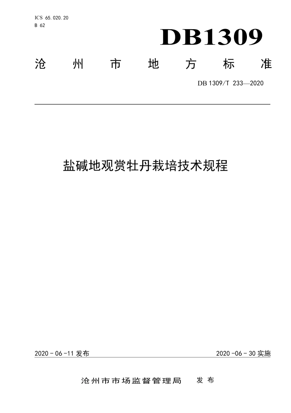 DB1309T 233-2020盐碱地观赏牡丹栽培技术规程.pdf_第1页