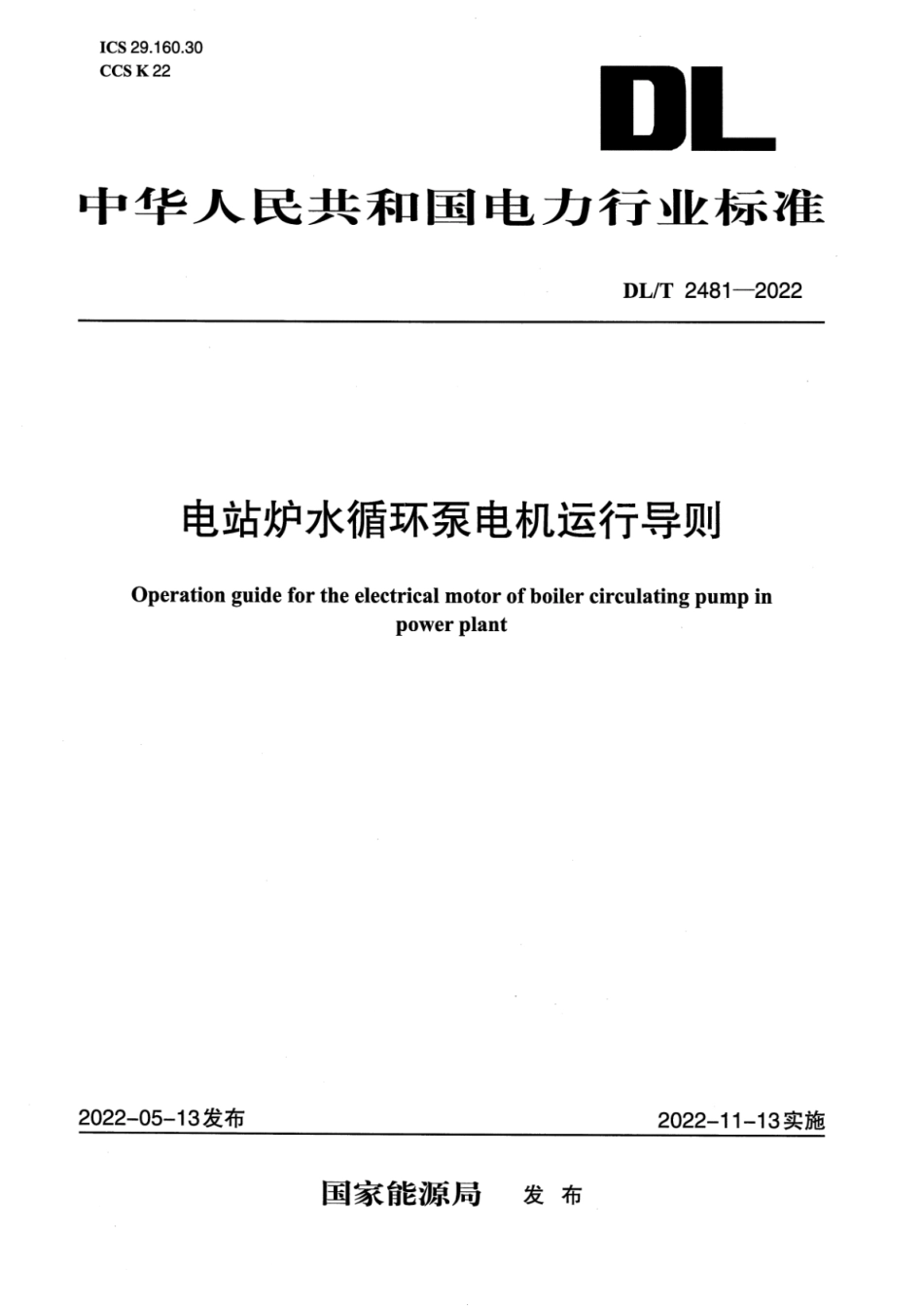 DL∕T 2481-2022 电站炉水循环泵电机运行导则.pdf_第1页