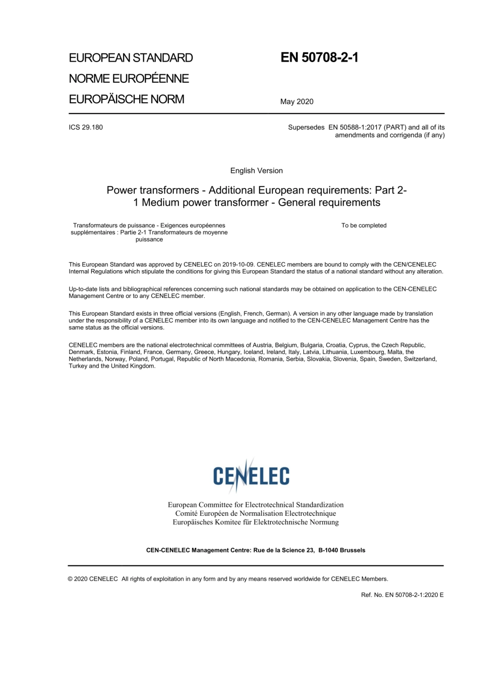 EN 50708-2-1-2020 电力变压器 欧洲附加要求 第2-1部分：中型电力变压器.pdf_第1页