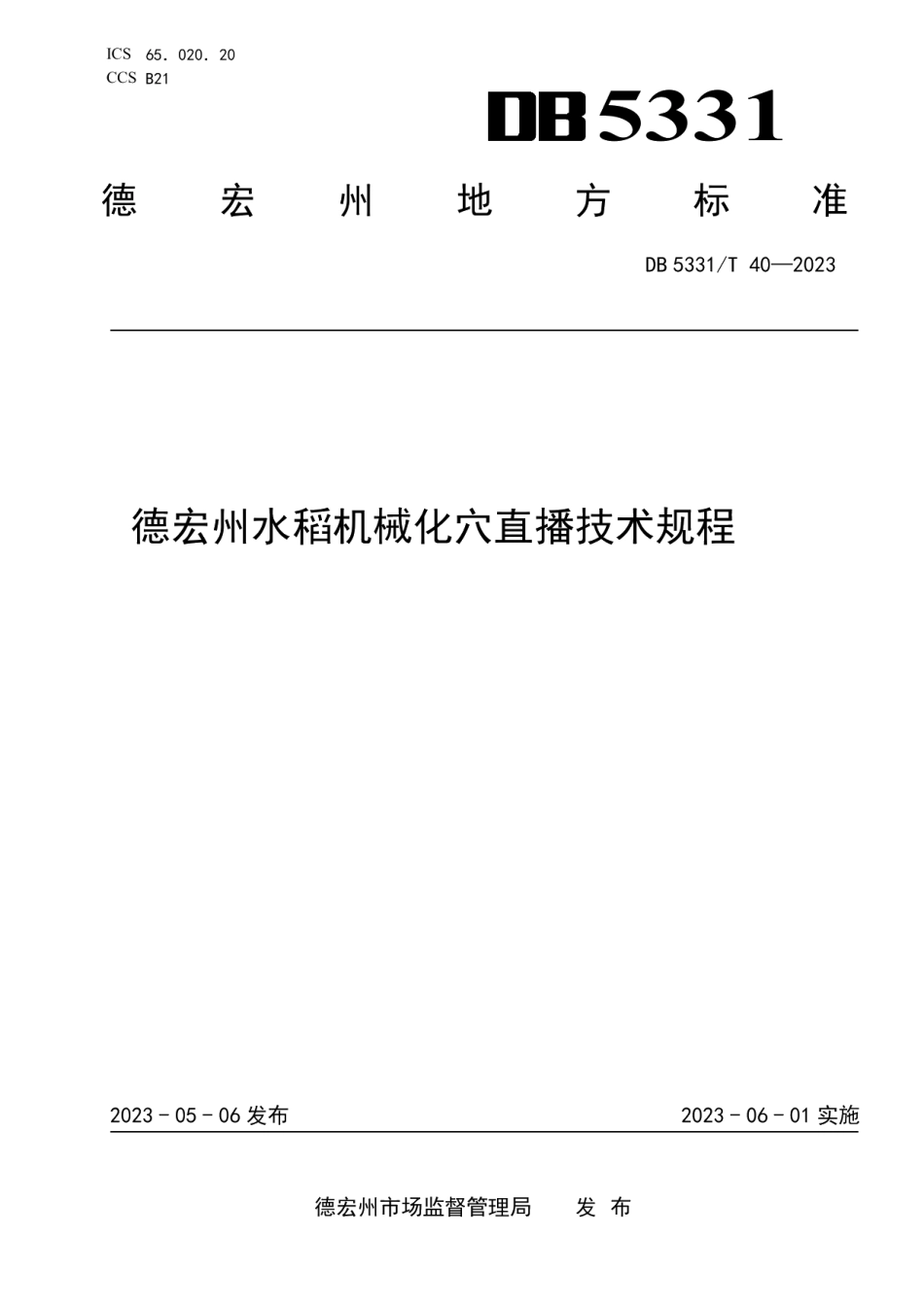 DB5331T 40-2023德宏州水稻机械化穴直播技术规程.pdf_第1页
