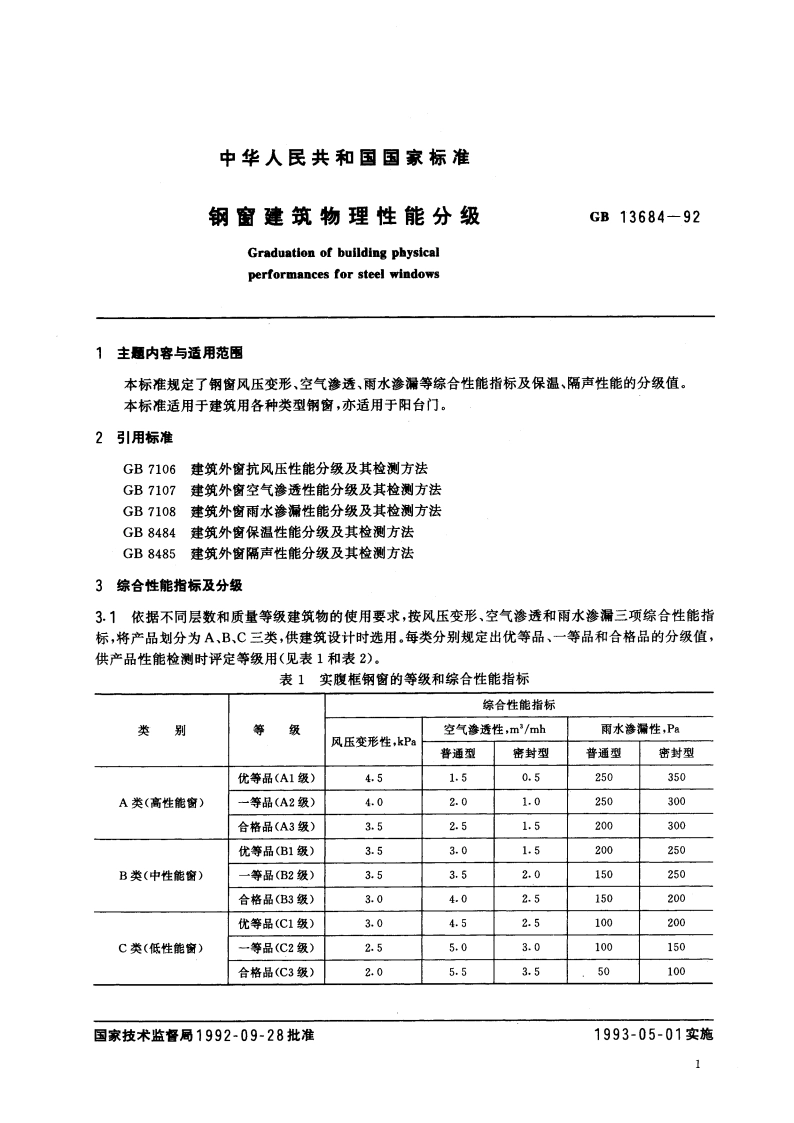 钢窗建筑物理性能分级 GBT 13684-1992.pdf_第2页