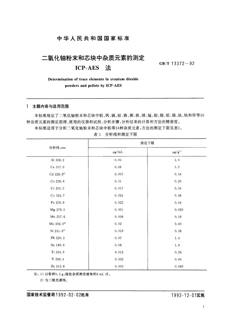 二氧化铀粉末和芯块中杂质元素的测定 ICP-AES法 GBT 13372-1992.pdf_第2页
