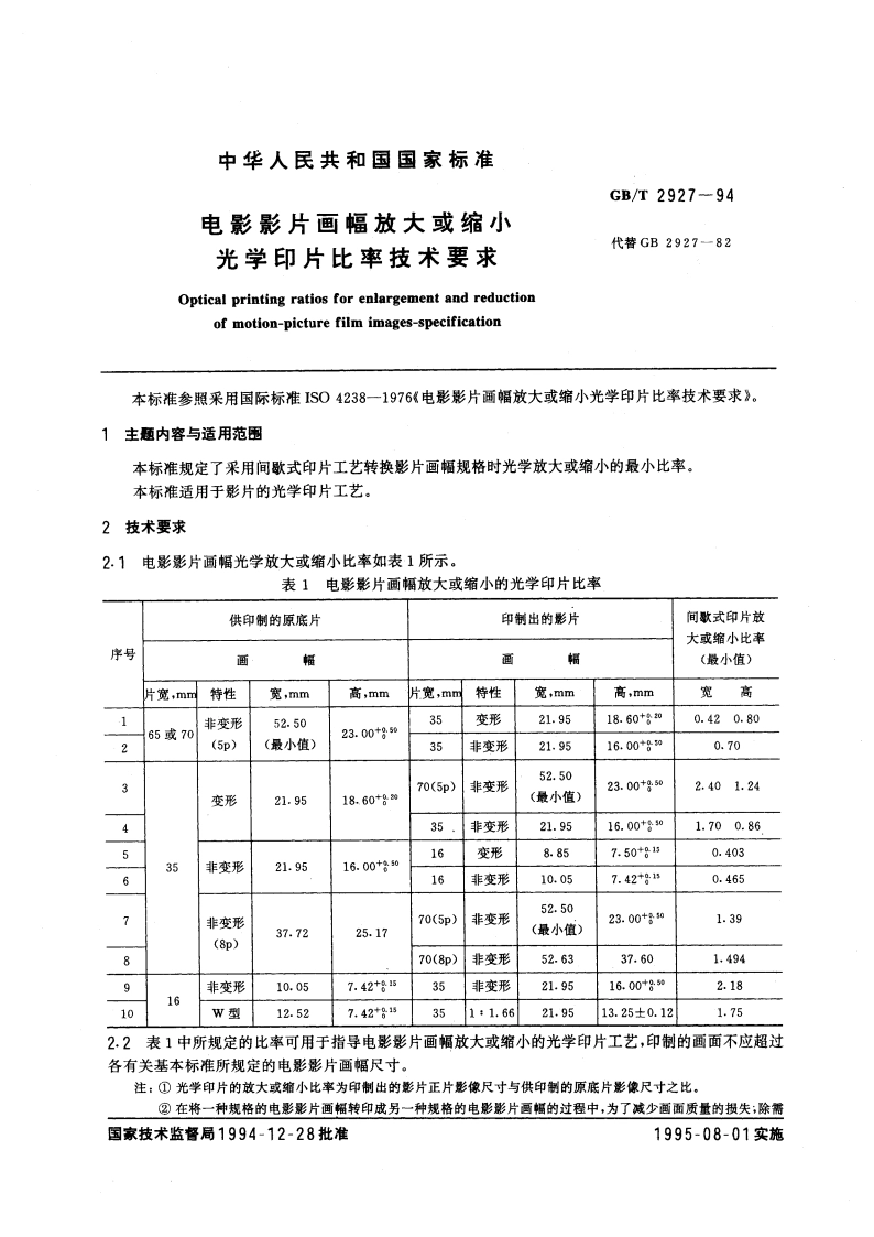 电影影片画幅放大或缩小光学印片比率技术要求 GBT 2927-1994.pdf_第3页