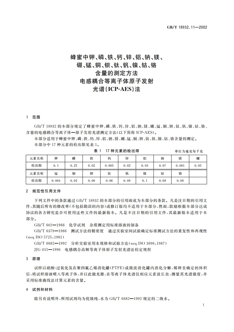 蜂蜜中钾、磷、铁、钙、锌、铝、钠、镁、硼、锰、铜、钡、钛、钒、镍、钴、铬含量的测定方法 电感耦合等离子体原子发射光谱(ICP-AES)法 GBT 18932.11-2002.pdf_第3页