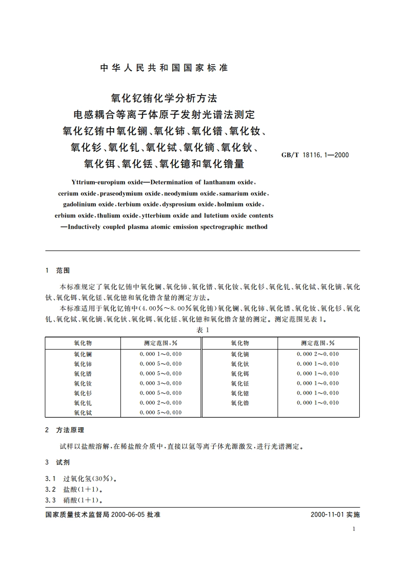 氧化钇铕化学分析方法 电感耦合等离子体原子发射光谱法测定氧化钇铕中氧化镧、氧化铈、氧化镨、氧化钕、氧化钐、氧化钆、氧化铽、氧化镝、氧化钬、氧化铒、氧化铥、氧化镱和氧化镥量 GBT 18116.1-2000.pdf_第3页