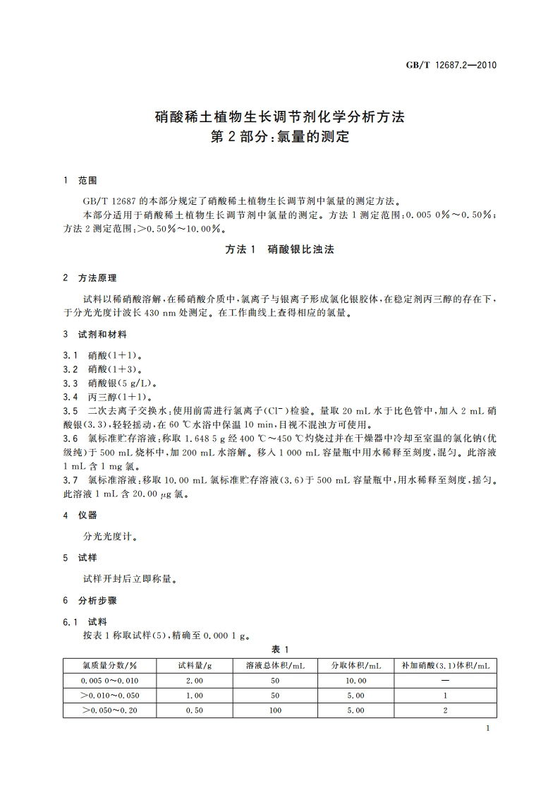 硝酸稀土植物生长调节剂化学分析方法 第2部分：氯量的测定 GBT 12687.2-2010.pdf_第3页