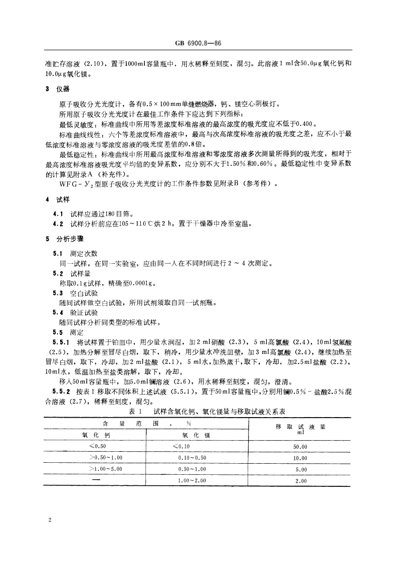 粘土、高铝质耐火材料化学分析方法 原子吸收分光光度法测定氧化钙、氧化镁量 GBT 6900.8-1986.pdf_第3页