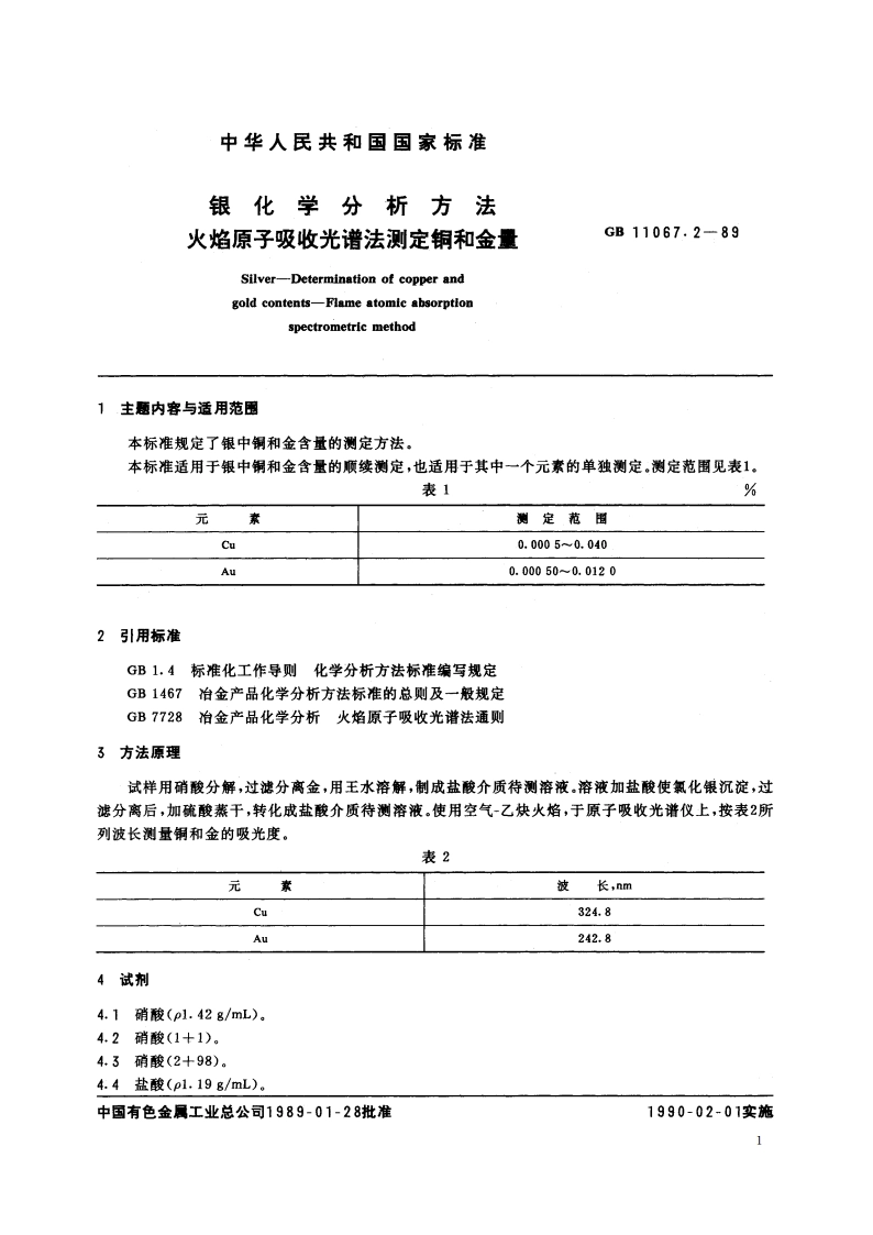银化学分析方法 火焰原子吸收光谱法测定铜和金量 GBT 11067.2-1989.pdf_第2页