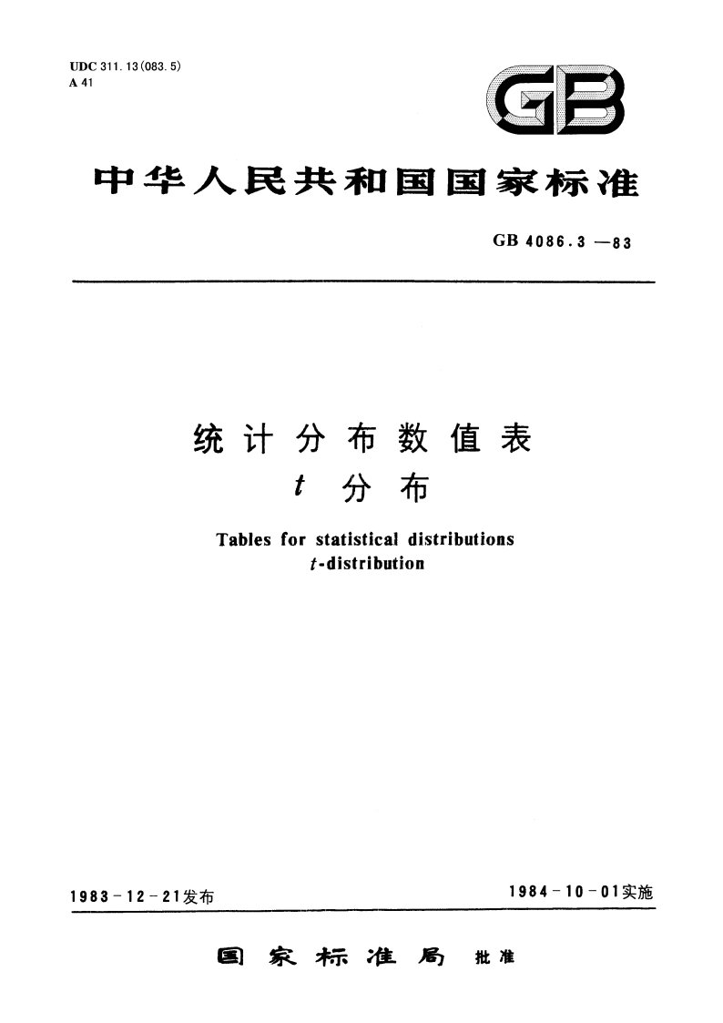 统计分布数值表 t分布 GBT 4086.3-1983.pdf_第1页