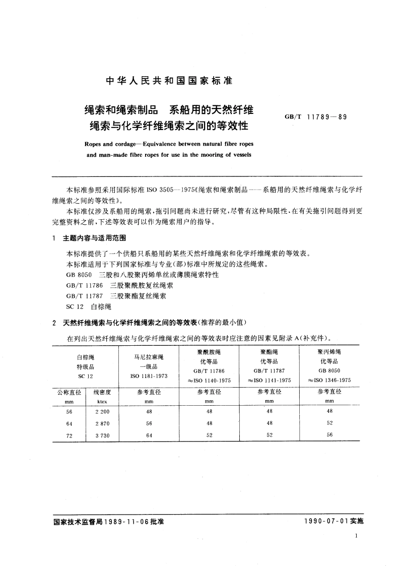 绳索和绳索制品 系船用的天然纤维绳索与化学纤维绳索之间的等效性 GBT 11789-1989.pdf_第3页