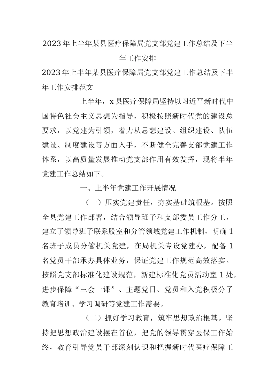 2023年上半年某县医疗保障局党支部党建工作总结及下半年工作安排.docx_第1页