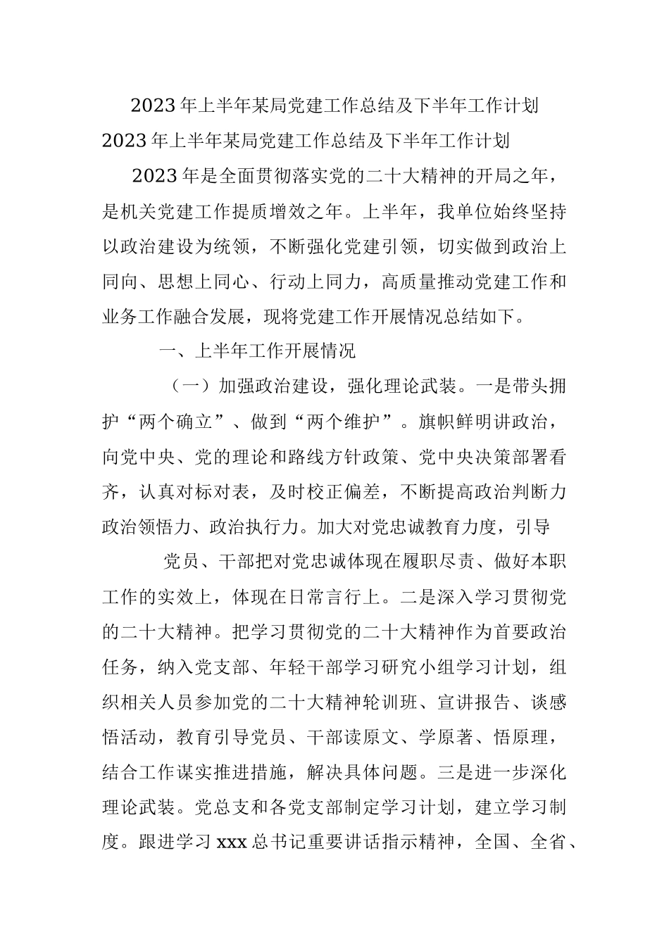 2023年上半年某局党建工作总结及下半年工作计划.docx_第1页