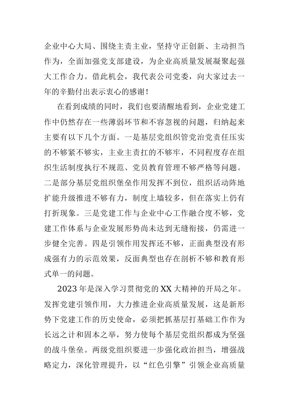 2023年公司党委书记在基层党建工作述职评议考核会暨全面从严治党（党建）工作会上的讲话.docx_第2页